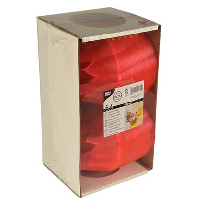 Een verpakking met 54 roze Starpak-dessertschaaltjes (PS, 400 ml, Ø 12 cm × 7 cm) wordt rechtop gepresenteerd. De deels transparante doos toont de gestapelde schaaltjes en heeft een etiket met productdetails en een afbeelding van de schaaltjes in gebruik.