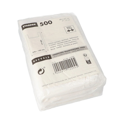 Een doorzichtige plastic verpakking met 500 witte Starpak hemdtasjes (HDPE, 48 x 27 x 12 cm), voorzien van recycling-symbolen en een barcode. Ideaal voor lichte voorwerpen; productdetails vindt u aan de voorkant.
