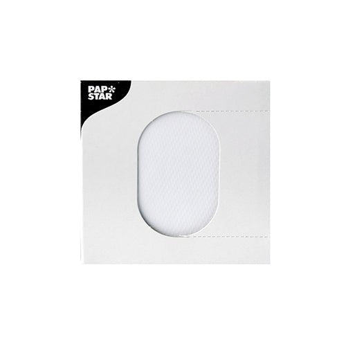 Een wit PAPSTAR-druppelmatje (Ø 8,5 cm) voor dranken is door een ovaal venster in witte verpakking met het logo van PAPSTAR GmbH linksboven gedeeltelijk zichtbaar; ideaal als druppeldeksel of bordeninleg.
