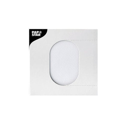 Een wit PAPSTAR-druppelmatje (Ø 8,5 cm) voor dranken is door een ovaal venster in witte verpakking met het logo van PAPSTAR GmbH linksboven gedeeltelijk zichtbaar; ideaal als druppeldeksel of bordeninleg.