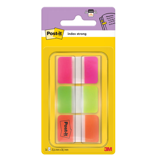 Eine Packung Post-it® Index Strong Ablagetabs von 3M Deutschland GmbH enthält 36 rosa und grüne Ablagetabs (25,4 x 38,1 mm) in einem Spender zur Organisation von Dokumenten. 1 Spender pro Packung.