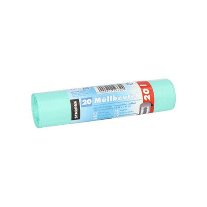 Een rol met 20 nieuwe Starpak vuilniszakken (HDPE, 20 l, 50 cm x 45 cm) met een blauw-rood-wit Duits etiket.