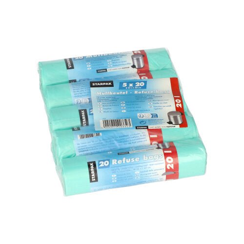 Een verpakking met vijf Starpak 20 vuilniszakrollen (HDPE, 20 l, 50 cm x 45 cm, mint). Elke rol bevat 20 zakken en is verpakt in doorzichtige kunststof met een blauw-rode banderol met productinformatie en Starpak-branding.