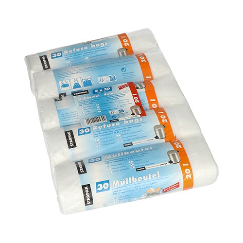 Vier rollen Starpak 150 vuilniszakken met trekband, HDPE 20L (55x48cm) transparant, zijn op elkaar gestapeld. Het blauw-witte etiket van elke rol toont '150 stuks', vuilnisbakafbeeldingen, gebruiksinstructies en wijst op de hygiënische afvalverwerking.