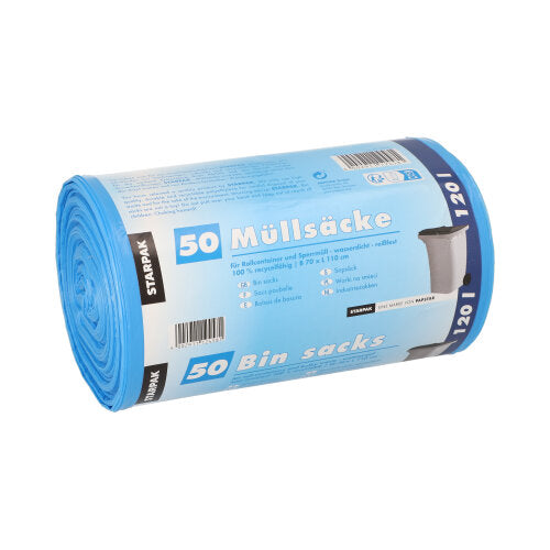 Eine Rolle mit 50 blauen HDPE-Müllsäcken von Starpak (120 l, 110 x 70 cm), beschriftet mit Produktdetails und einem Mülleimerbild. Verpackt als „Starpak 50 Müllsäcke, HDPE 120 l 110 cm x 70 cm blau | Banderole (50 Stück)“.