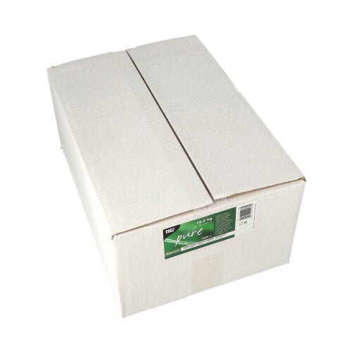 Een gesloten, eenvoudige witte doos van de PAPSTAR GmbH met een groen-wit etiket met de tekst 'Perkamentvervanger, 'pure' wit à 12,5 kg, vetbestendig' op een witte achtergrond.