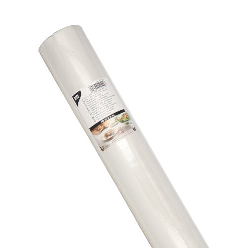 Eine Rolle PAPSTAR Papiertischtuch mit Damastprägung 50 m x 1 m von der PAPSTAR GmbH, umwickelt mit einem Etikett mit Produktdetails, edler Damastprägung und festlichen Essensbildern für besondere Anlässe.