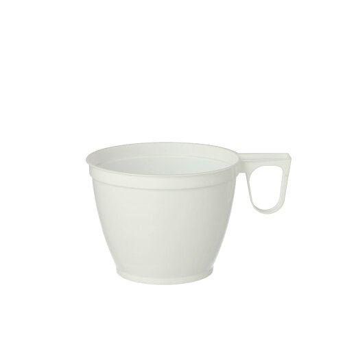 Een verpakking met 10 witte Starpak koffiekopjes (0,18 l, Ø 7,8 cm, 6 cm hoog) van duurzaam PS staat op een witte achtergrond. Elk kopje heeft een oor en een eenvoudige, conische vorm - ideaal voor het dagelijkse koffiegenot.