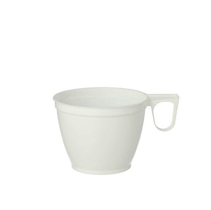 Een verpakking met 10 witte Starpak koffiekopjes (0,18 l, Ø 7,8 cm, 6 cm hoog) van duurzaam PS staat op een witte achtergrond. Elk kopje heeft een oor en een eenvoudige, conische vorm - ideaal voor het dagelijkse koffiegenot.