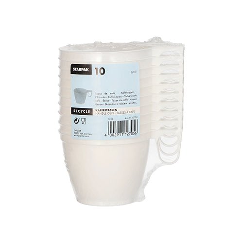 Een stapel van tien witte Starpak koffiekopjes (PS, 0,18l, Ø7,8cm, 6cm) is verpakt in krimpfolie en voorzien van een blauw etiket, waarop productdetails, barcode en recyclingsymbolen te zien zijn - ideaal voor praktisch koffiegenot onderweg.