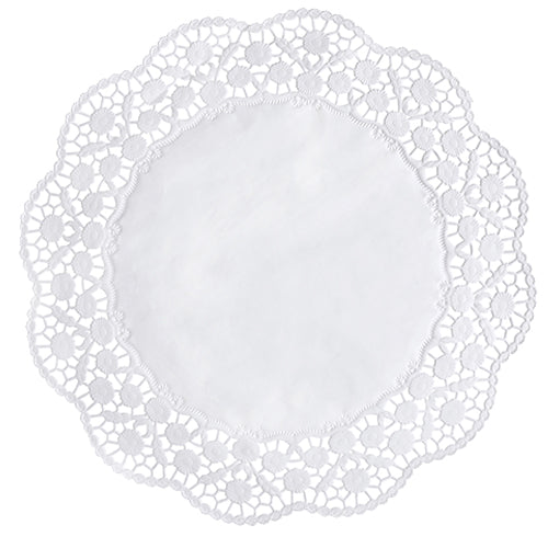 De PAPSTAR GmbH taartonderleggers rond Ø 36 cm, wit (12 stuks, krimpfolie) kenmerken zich door een effen kern en een kantachtige, florale golfrand - ideaal als elegante taartkleedjes of voor taartdecoratie, hier van bovenaf op een effen ondergrond.