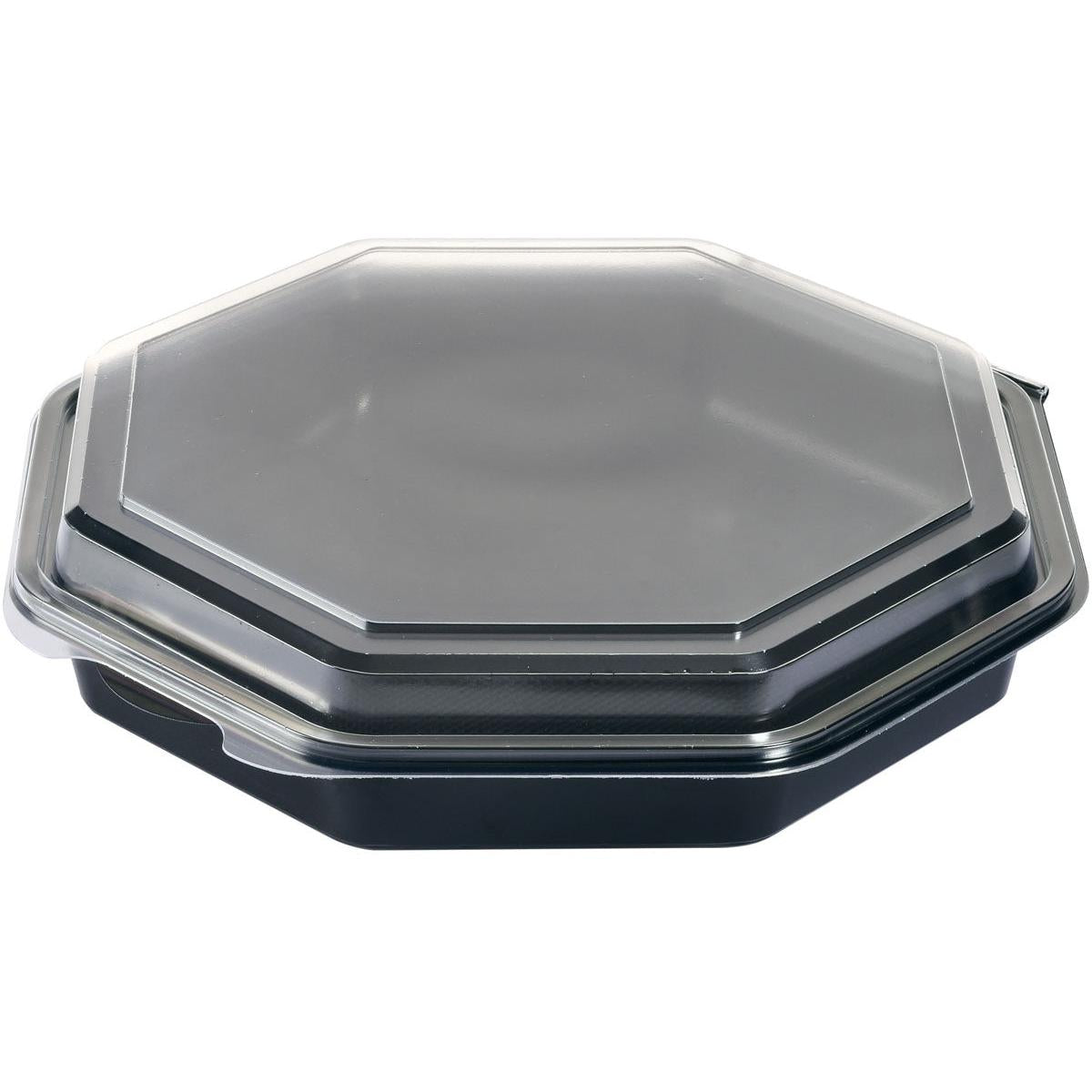 Ein Duni GmbH Octaview® Schwarz/Transparent Takeout-Behälter (230x230x50 mm, hochwertige PS-Platte) mit klarem, aufgesetztem Deckel ist in der schrägen Draufsicht vor weißem Hintergrund dargestellt. Packung: 190 Stück.