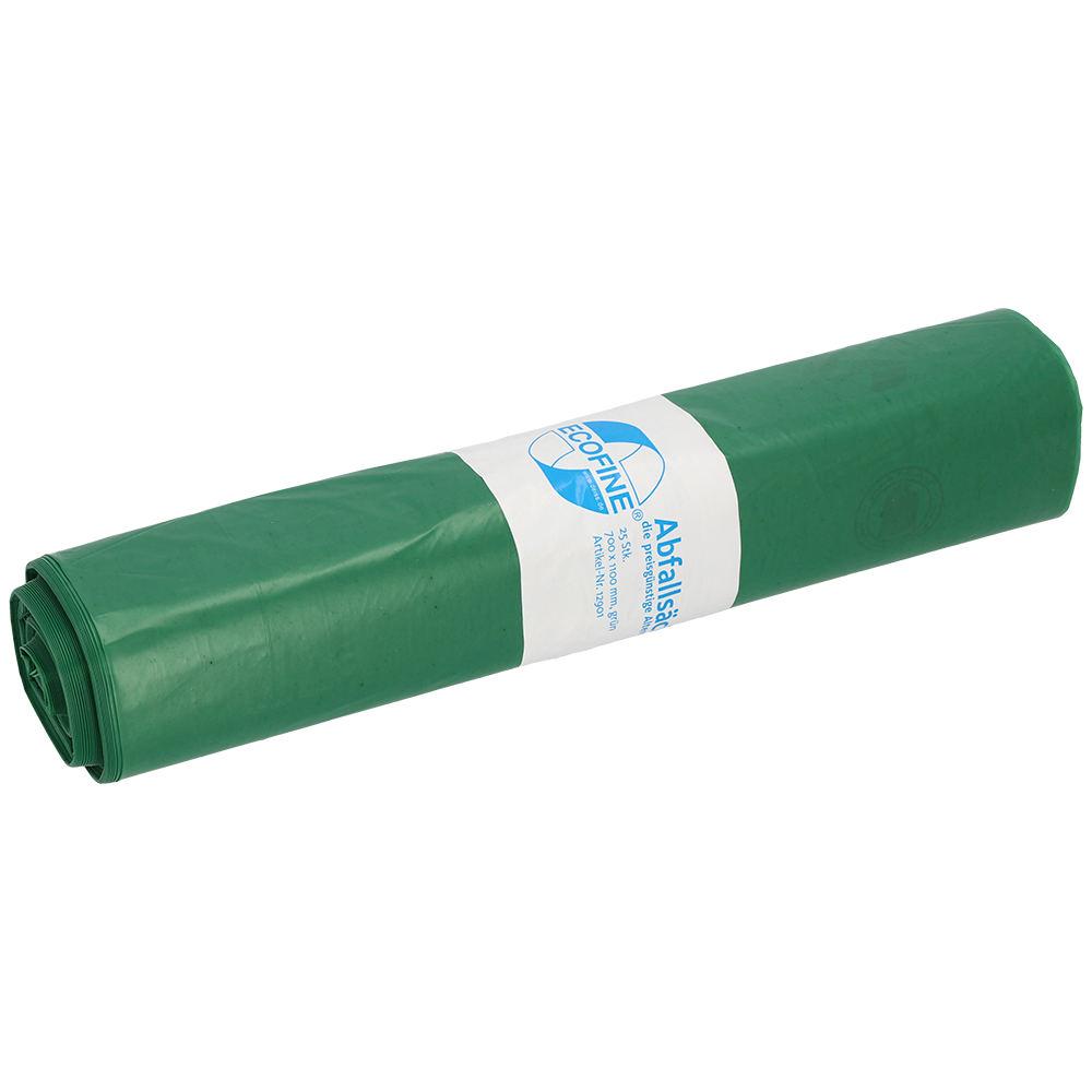 Een opgerolde groene DEISS ECOFINE® afvalzak 13900 (120L, gerecycled LDPE/LLDPE) van EMIL DEISS KG, met wit-blauw etiket, op effen witte achtergrond - ideaal voor milieuvriendelijke afvalverwerking.