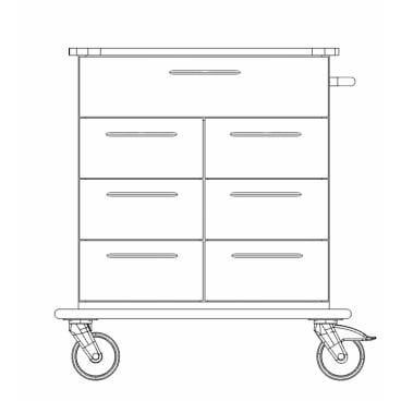 Lijntekening van de Novocal verbandwagen (PAW6700-T) volledig kunststof wagen met zes laden, handgreep aan de rechterkant, twee grote voorwielen en twee kleine achterwielen. Ontworpen voor medisch gebruik. Merk: Novocal.