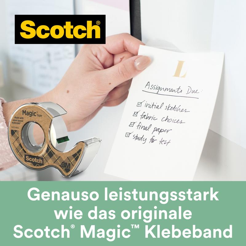 Een hand bevestigt een briefje "Assignments Due" met het Scotch® Magic™ plakband (66% plantaardige lijm, dispenser van gerecycled materiaal, 19 mm x 20 m) van 3M Deutschland GmbH - duurzaam en betrouwbaar.