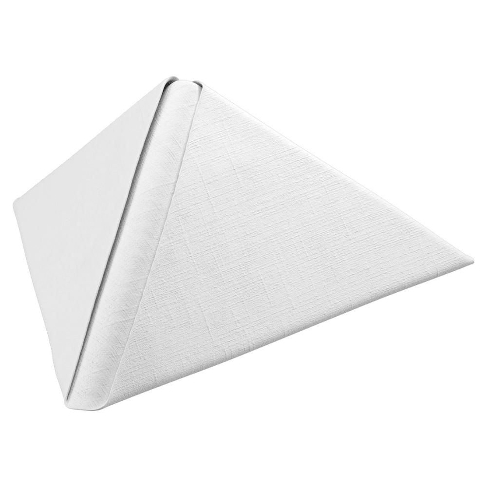 Een witte Dunilin®-servet van Duni GmbH, gevouwen in de vorm van een driehoekige piramide en gepresenteerd op een eenvoudige witte achtergrond, biedt de elegantie van stofachtige wegwerpservetten, ideaal voor een duurzame tafeldecoratie. Elke verpakking bevat 45 stuks en meet 40 x 40 cm.