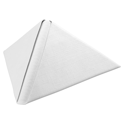 Een witte Dunilin®-servet van Duni GmbH, gevouwen in de vorm van een driehoekige piramide en gepresenteerd op een eenvoudige witte achtergrond, biedt de elegantie van stofachtige wegwerpservetten, ideaal voor een duurzame tafeldecoratie. Elke verpakking bevat 45 stuks en meet 40 x 40 cm.