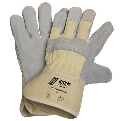 NITRAS SPLIT STAR 1, handschoenen van koeiensplitleer, natuurlijke kleur / grijs, EN 388 katoen | Pakket (12 paar)