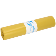 Abgebildet ist eine gelbe Rolle DEISS 13023 Müllsäcke (700x1100 mm, Typ 60, 25 Stück) der EMIL DEISS KG (GmbH + Co.), mit einem weiß-blauen Etikett in der Mitte, auf weißem Grund.