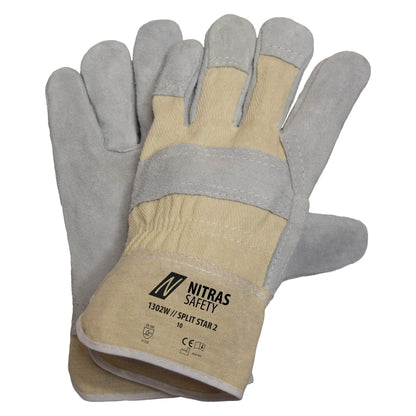 NITRAS SPLIT STAR 2, handschoenen van koeiensplitleer, natuurlijke kleur / grijs, EN 388 katoen | Pakket (12 paar)