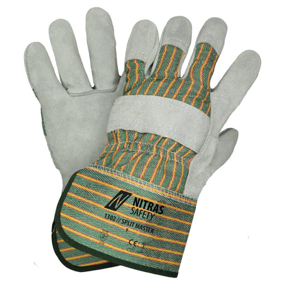 NITRAS SPLIT MASTER, koeiensplitlederen handschoenen, groen/rood/gele strepen/grijs