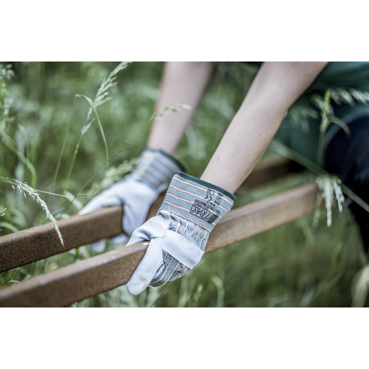 NITRAS SPLIT MASTER, koeiensplitlederen handschoenen, groen/rood/gele strepen/grijs
