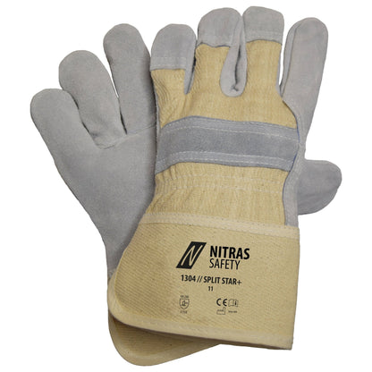 NITRAS SPLIT STAR+, rundsplitlederen handschoenen, natuurlijke kleur / grijs, EN 388 katoen | Pakket (12 paar)