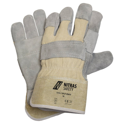 NITRAS SPLIT STAR V, rundsplitlederen handschoenen, natuurlijke kleur / grijs, EN 388 katoen | Pakket (12 paar)