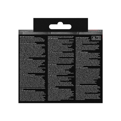 Het 3M™ Cool Flow™ deeltjesmasker 8822, FFP2, met ventiel van 3M Deutschland GmbH komt in een zwarte verpakking met witte, meertalige handleiding, een ophanglip aan de bovenkant en twee rood omrande waarschuwingssymbolen in de bovenste rechterhoek.