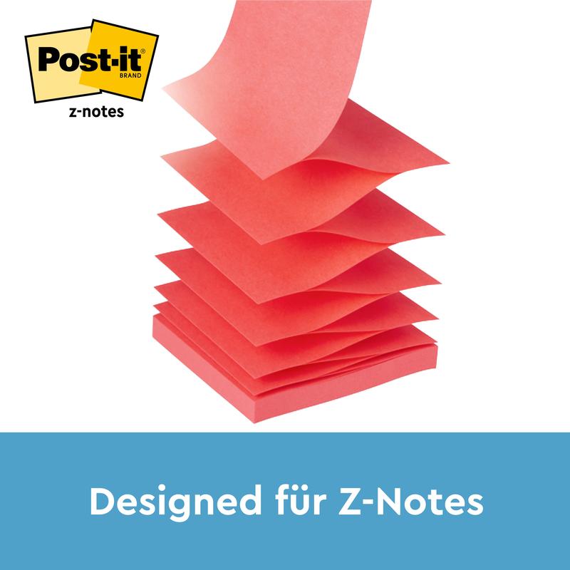 Een stapel gele Post-it® Super Sticky Z-Notes (76 x 76 mm, 90 vellen), afgebeeld in een zwarte PRO dispenser van 3M Nederland B.V. Het Post-it® logo verschijnt linksboven en "Ontworpen voor Z-Notes" staat onderaan op een blauwe achtergrond.