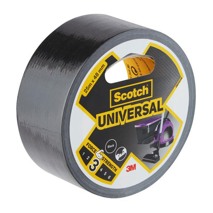 Een rol Scotch® Universal Tape 2904, 25 m x 48 mm, van 3M Deutschland GmbH, toont op het etiket een zwarte tape met een handgreepverpakking en de sterktegraad 3/6.
