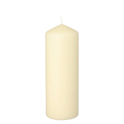 Een hoge, cilindrische Starpak stompkaars met extra lange brandduur (Ø 60 mm, 165 mm, wit) met zichtbare lont staat rechtop op een eenvoudige witte achtergrond en biedt een langdurige sfeer.