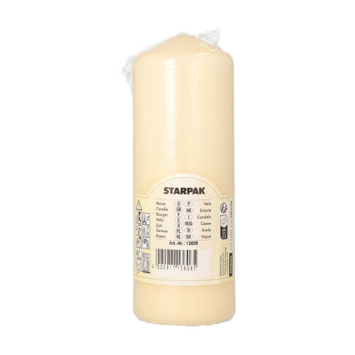 Een cilindrische, crèmewitte Starpak stompkaars (Ø 60 mm, 165 mm) met extra lange brandduur, verpakt in transparante folie. Het etiket draagt de opdruk „Starpak“ en meertalige productdetails.