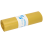 Eine Rolle gelber DEISS Müllsäcke 575x1000x0,06 mm aus Recycling-LDPE 70 l von EMIL DEISS KG (GmbH + Co.) ist mit einem weiß-blauen Etikett mit Produktangaben und Branding fest verpackt.