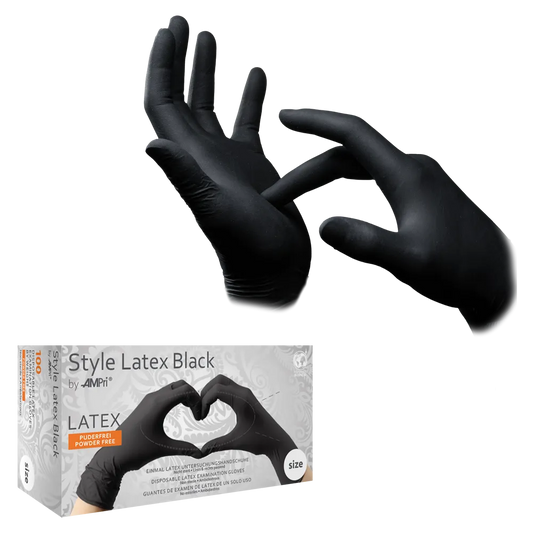 Ein Paar Hände trägt AMPri STYLE LATEX BLACK, Latex-Untersuchungshandschuh, puderfrei, schwarz - einer zieht am Handgelenk. Darunter zeigt eine Box mit der Aufschrift "STYLE LATEX BLACK" behandschuhte Hände, die eine Herzform bilden.