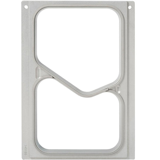 Die Kassette DF10/20 von Duni GmbH ist ein rechteckiger silberner Metallrahmen mit zwei großen, unregelmäßigen Ausschnitten und abgerundeten Ecken, kompatibel mit 2-Komp. PP GN Menüschalen 630/490 ml. Sie hat Befestigungslöcher in zwei Ecken.