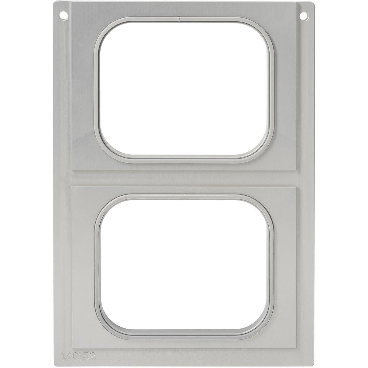 Een witte rechthoekige verpakking met twee vensters, die lijkt op de Duni GmbH cassette voor PP-bakjes 350, 470, 630 ml - Praktische opslag (1 stuk).