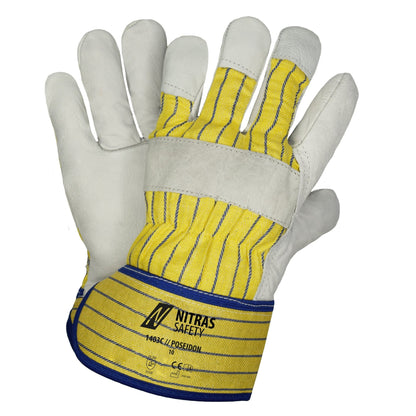 NITRAS POSEIDON, handschoenen van volnerf rundleer, geel/blauwe strepen/grijs, EN 388 katoen | Pakket (12 paar)