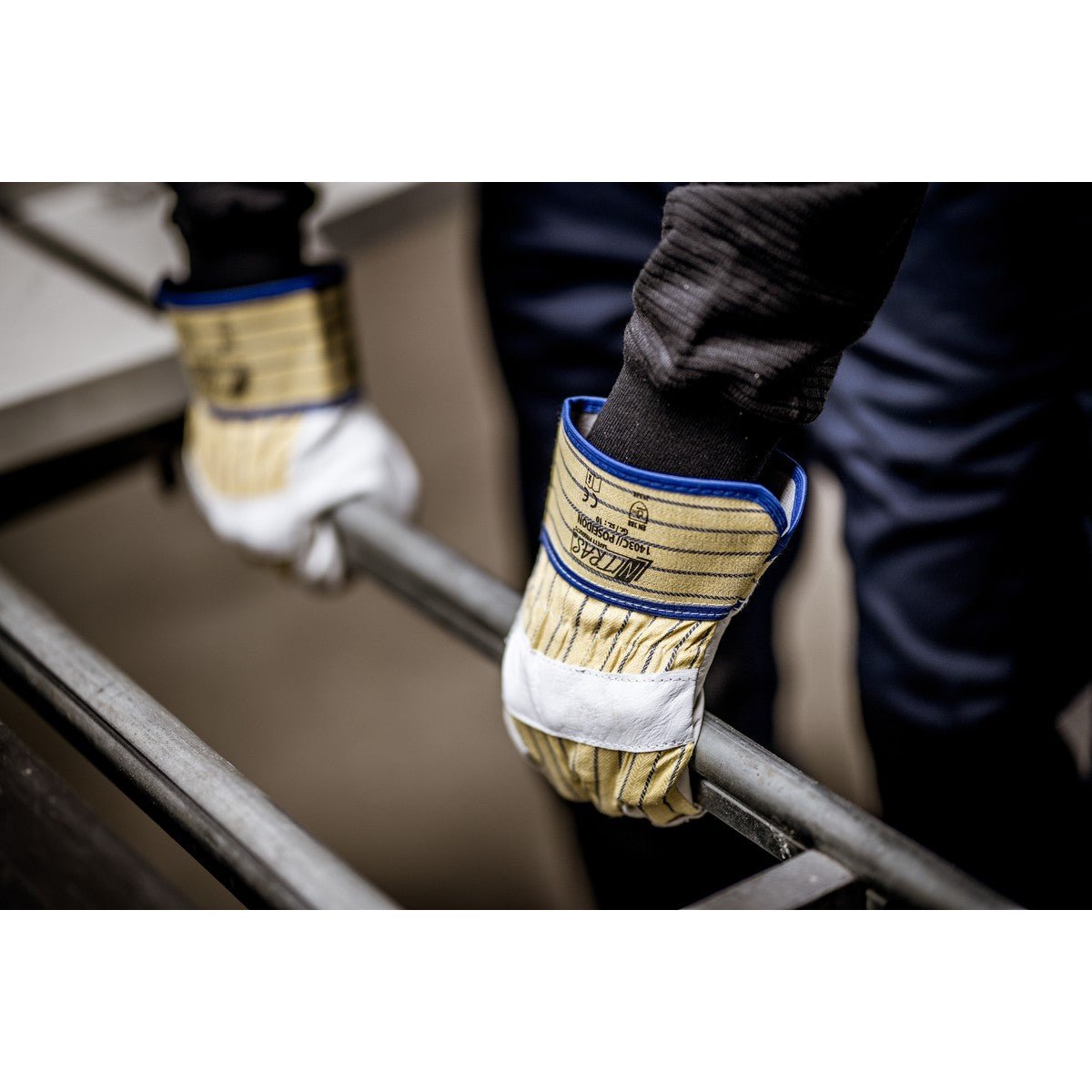 NITRAS POSEIDON, handschoenen van volnerf rundleer, geel/blauwe strepen/grijs, EN 388 katoen | Pakket (12 paar)