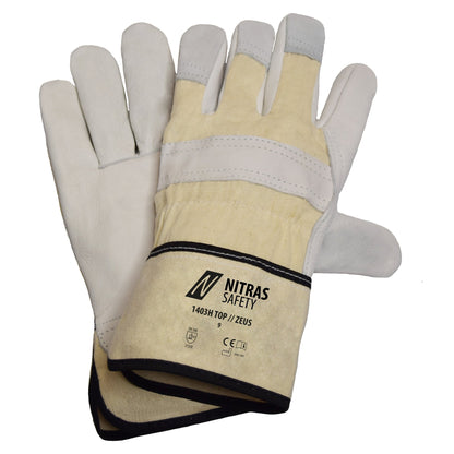 NITRAS ZEUS, handschoenen van volnerf rundleer, natuurlijke kleur/grijs