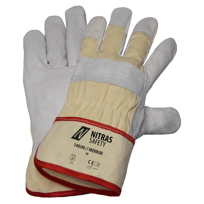 NITRAS MERKUR, handschoenen van volnerf rundleer, natuurlijke kleur / grijs, EN 388 katoen | Pakket (12 paar)