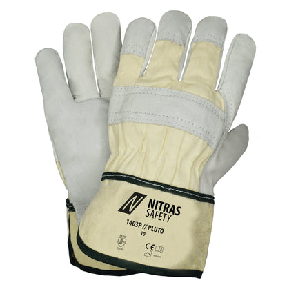 NITRAS PLUTO, handschoenen van volnerf rundleer, natuurlijke kleur / grijs, EN 388 katoen | Pakket (12 paar)