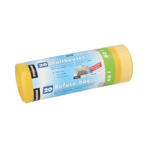 Een gele rol Starpak 20 vuilniszakken met trekkoord (60 l, 71 x 64,5 cm, HDPE) is voorzien van een blauw-witte banderol met meertalige branding en instructies. De verpakking draagt de opdruk '20 vuilniszakken' en bevat 20 stuks.