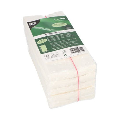 Een verpakking van 500 PAPSTAR boterhamzakjes vetdicht (21x10x3 cm, wit) van PAPSTAR GmbH, verpakt in krimpfolie met groen-wit etiket met product- en recyclinginformatie - perfect voor snacks en sandwiches.