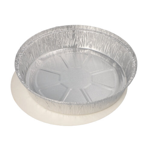 Een ronde, lege Starpak 25 schaaltjes-aluminiumfolie met PP-gecoate inzetdeksel staat op een eenvoudige witte ondergrond, ideaal voor catering of afhaalmaaltijden.