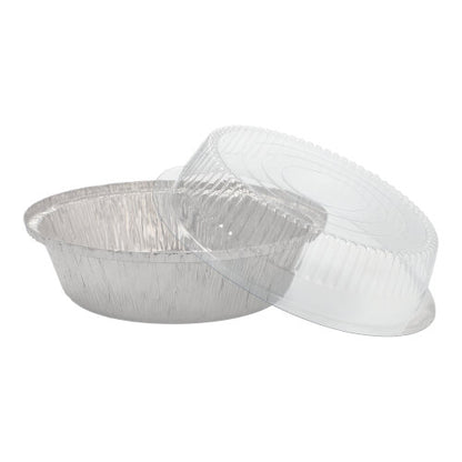 Das Starpak 25 Schalen-Set beinhaltet runde Aluminiumbehälter (0,77 l, Ø 18,2 cm, 8 cm) mit transparenten gewölbten Deckeln – ideal für Gastronomie und Take-away, verpackt in Schrumpffolie (25 Stück).