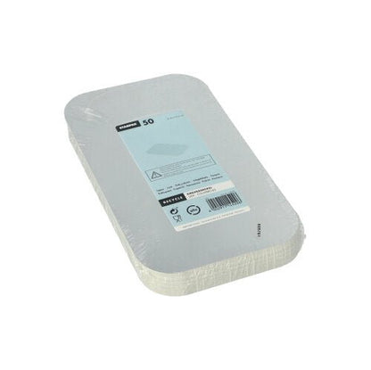 Een stapel van 50 Starpak PP-gecoate inlegdeksels, groot 21,8 x 12,3 cm, is verpakt in krimpfolie en voorzien van een blauw-wit etiket met productinformatie en barcode.