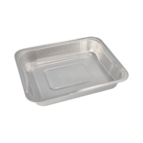 De Starpak 3 Gastronorm-container is een rechthoekige wegwerpschaal van aluminium (3,4 l, 5 x 26,2 x 32,2 cm), ideaal voor het bewaren van voedsel of als GN-container. Afbeelding leeg op een witte achtergrond. 3-pack in krimpfolie.