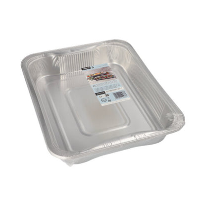 Een verpakking met 3 rechthoekige Starpak-Gastronormcontainers van aluminium (3,4 l, 5 x 26,2 x 32,2 cm), gestapeld en in krimpfolie gewikkeld met een bovenste etiket.