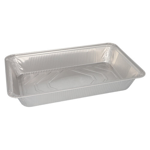 Een rechthoekige Starpak 3 Gastronorm-container, een wegwerp-bakvorm van aluminium (8,5 l, 8 cm x 32,6 cm x 52,7 cm), leeg met verhoogde randen en een vlakke bodem voor een eenvoudige witte achtergrond.